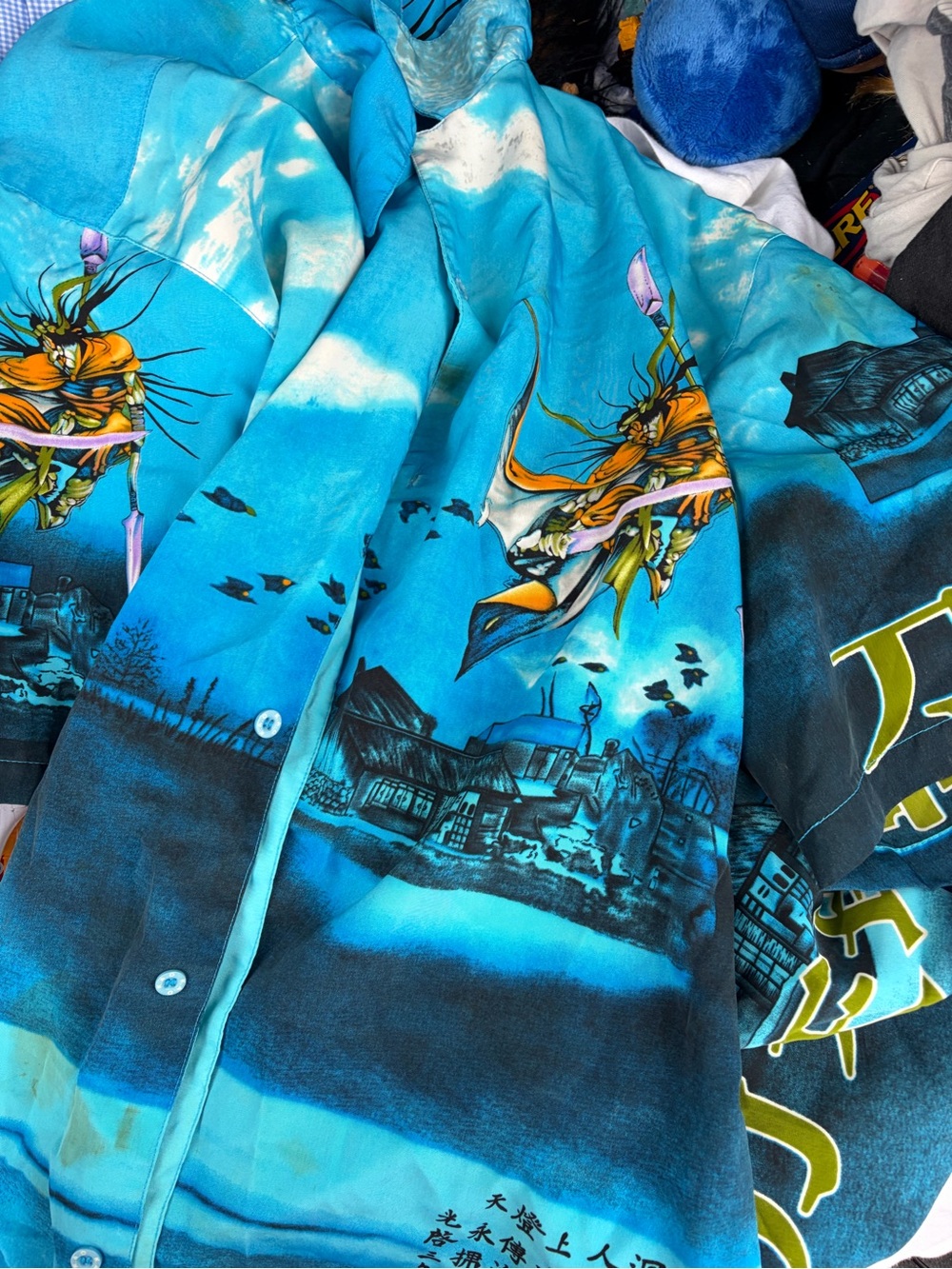 Turquoise Graphic Casual Button-Down Shirt with Scenic Print
